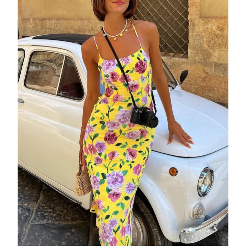 ROUJE NWT Yellow Pink & Purple Floral Printed Open Back Tie Annick Midi Dress
